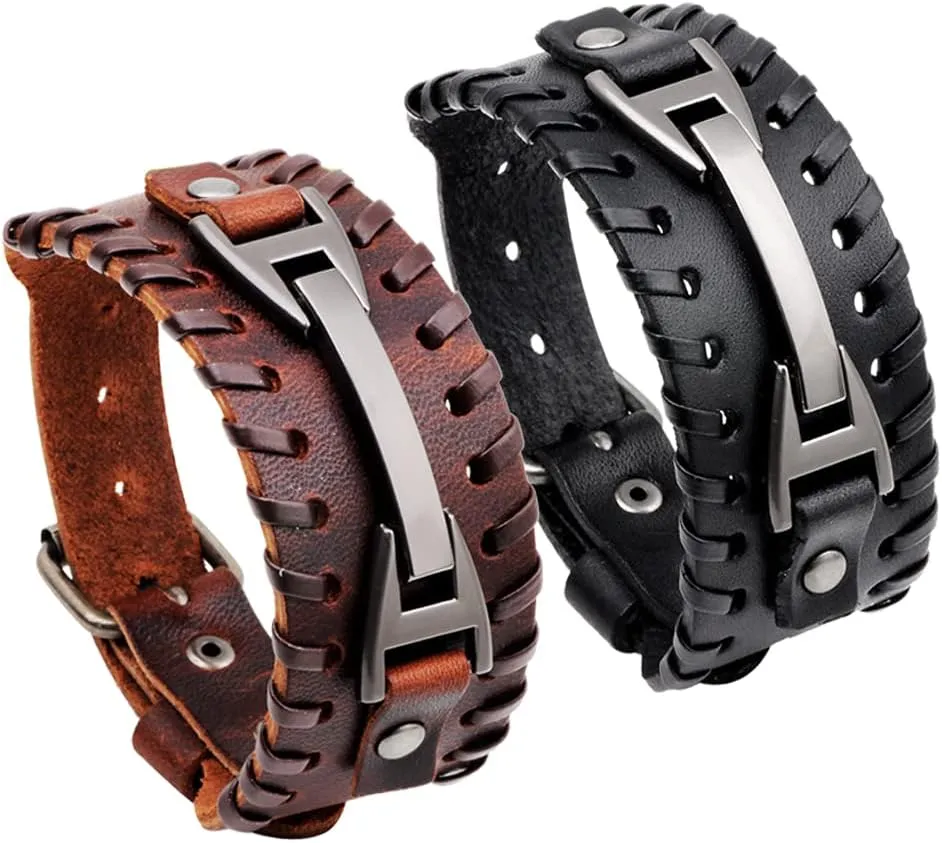 2 Pcs Leather Bracelet Punk - Braided Leather Cuff Bangle Wristband for Men Women
