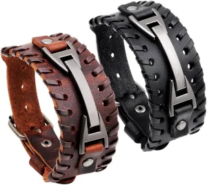 2 Pcs Leather Bracelet Punk - Braided Leather Cuff Bangle Wristband for Men Women