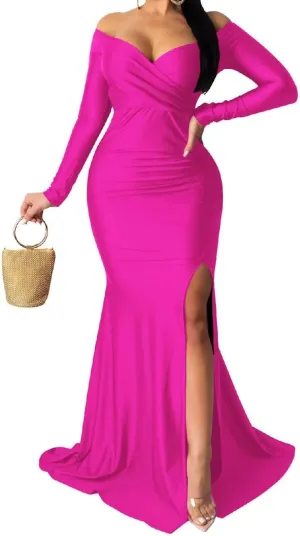 A ADILACA Women's Off Shoulder High Split Long Formal Party Maxi Dress, Off Shoulder High Split Dress
