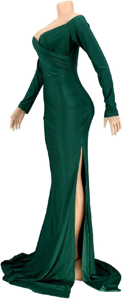 A ADILACA Women's Off Shoulder High Split Long Formal Party Maxi Dress, Off Shoulder High Split Dress