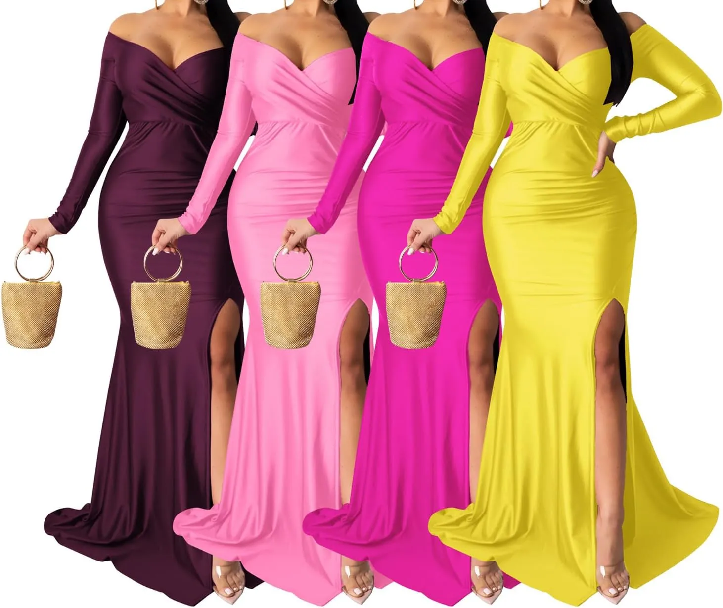 A ADILACA Women's Off Shoulder High Split Long Formal Party Maxi Dress, Off Shoulder High Split Dress