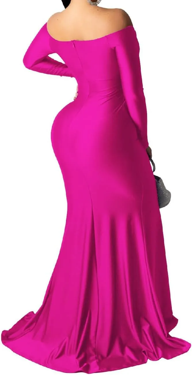 A ADILACA Women's Off Shoulder High Split Long Formal Party Maxi Dress, Off Shoulder High Split Dress