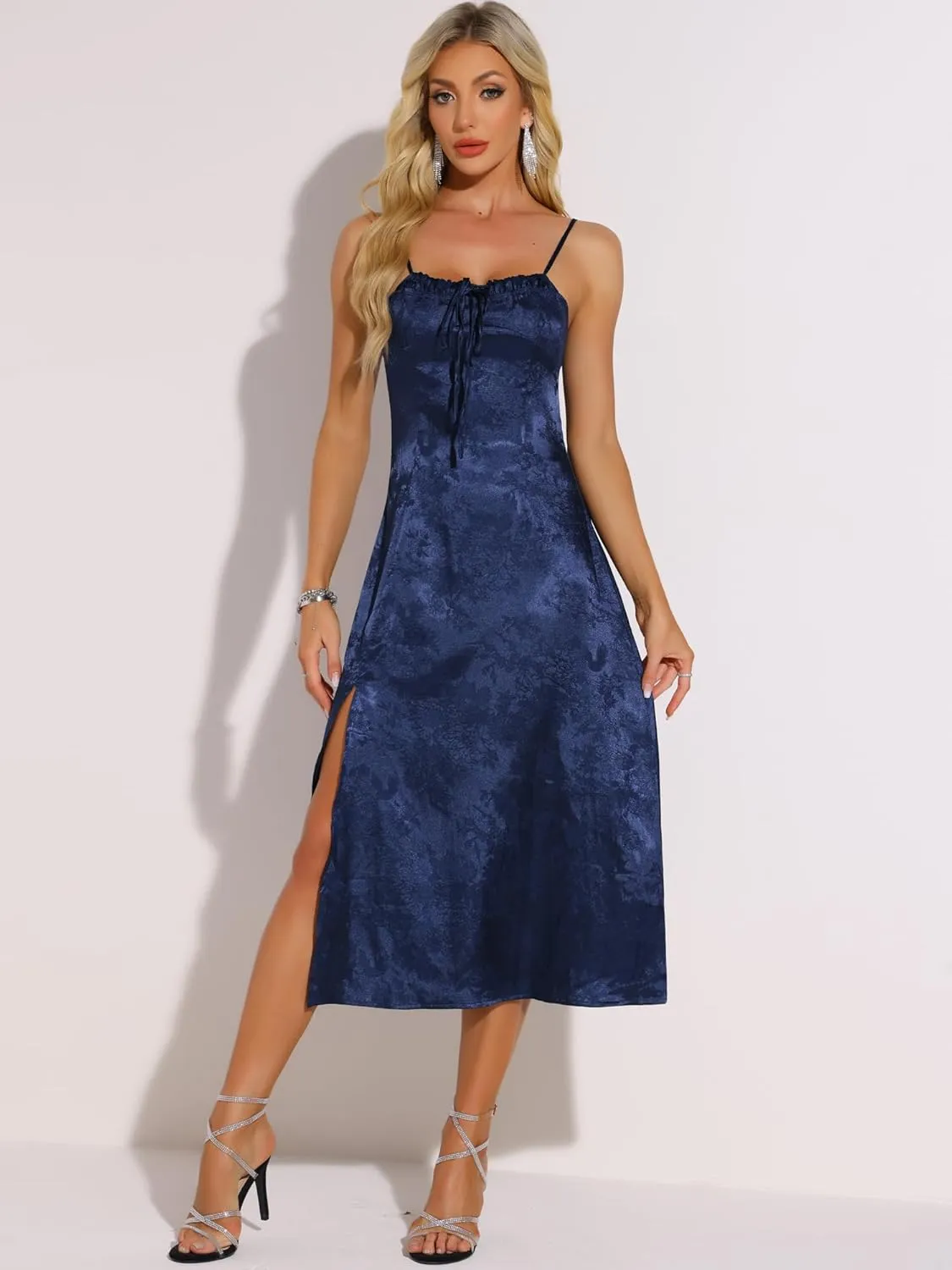 Allegra K Spaghetti Strap Satin Midi Dress for Women's Summer Square Neck Cocktail Party Slit Slip Dresses