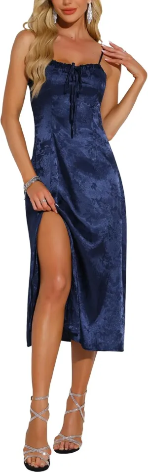 Allegra K Spaghetti Strap Satin Midi Dress for Women's Summer Square Neck Cocktail Party Slit Slip Dresses