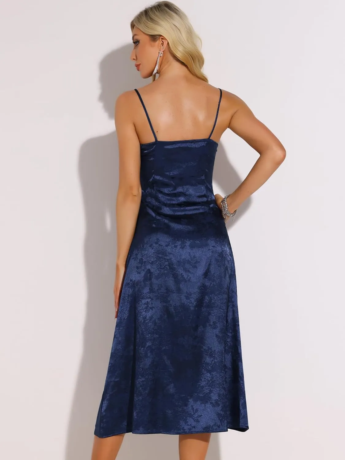 Allegra K Spaghetti Strap Satin Midi Dress for Women's Summer Square Neck Cocktail Party Slit Slip Dresses