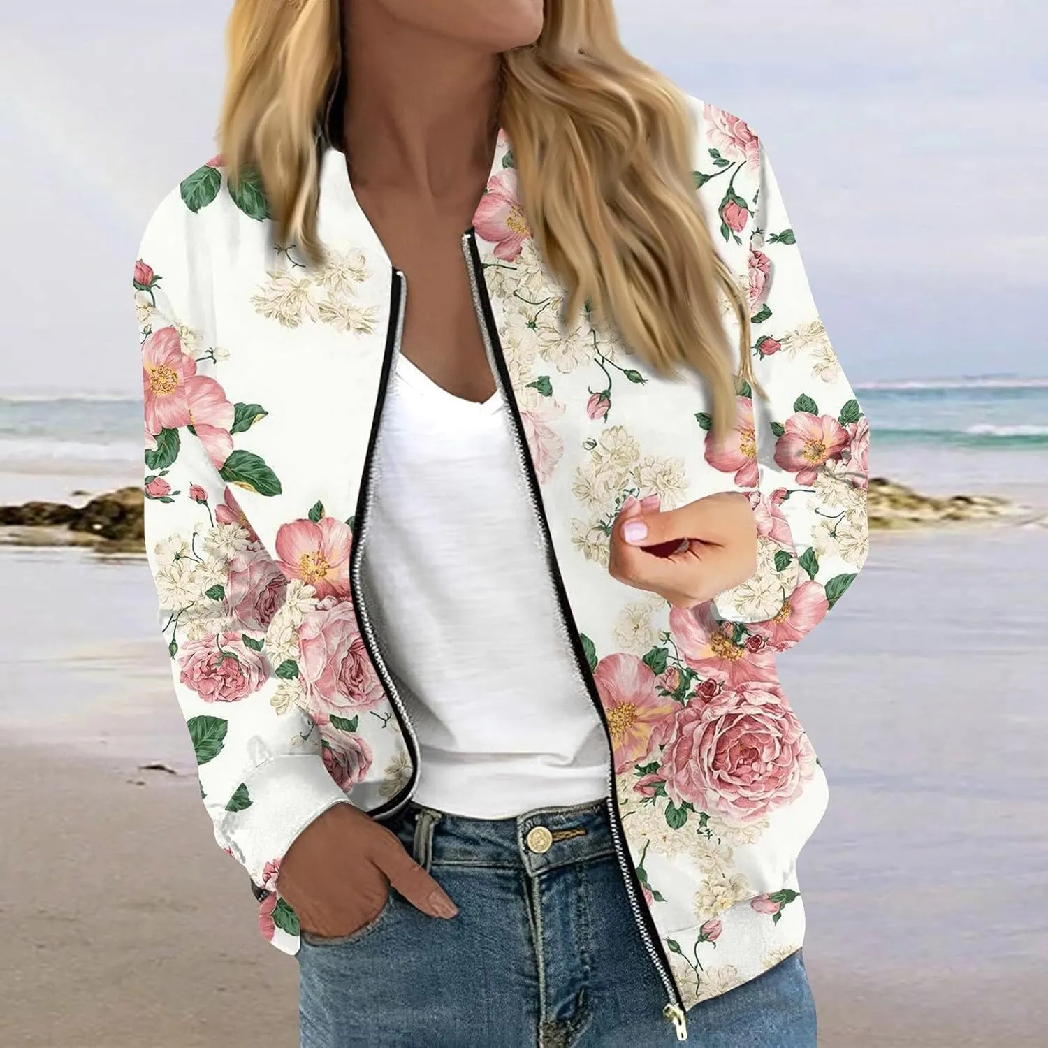 Bomber Jacket Women 2024 Trendy Full Zip Up Coat Long Sleeve Outwear Lightweight Windbreaker Outerwear Fall Jackets
