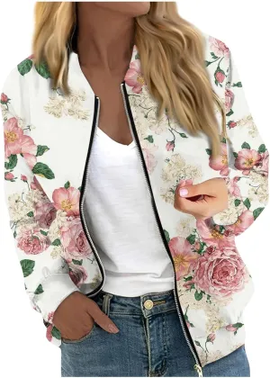 Bomber Jacket Women 2024 Trendy Full Zip Up Coat Long Sleeve Outwear Lightweight Windbreaker Outerwear Fall Jackets