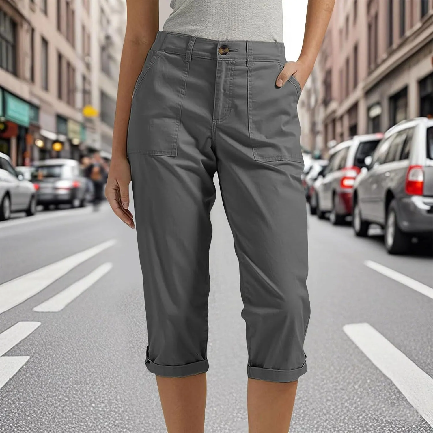 Dressy Capri Pants for Women Casual High Waisted Capris Cargo Pants with Pockets Slim-Fit Tapered Leg Cotton Capris