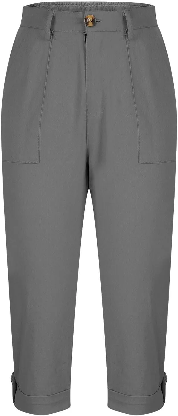 fanmpghleoo Dressy Capri Pants for Women Casual High Waisted Capris Cargo Pants with Pockets Slim-Fit Tapered Cotton Capris