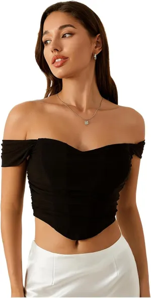 Floerns Women's Off Shoulder Short Sleeve Asymmetrical Hem Ruched Corset Crop Top