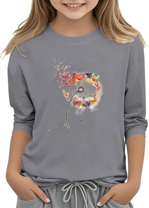 Girls Summer 3/4 Length Sleeve Tops Crew Neck Shirt Casual Athletic Tops Patterned Elbow Sleeve Blouse 3-14 Years