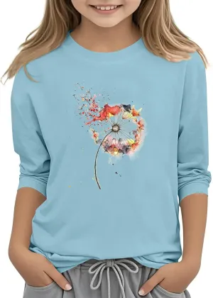 Girls Summer 3/4 Length Sleeve Tops Crew Neck Shirt Casual Athletic Tops Patterned Elbow Sleeve Blouse 3-14 Years