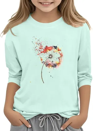 Girls Summer 3/4 Length Sleeve Tops Crew Neck Shirt Casual Athletic Tops Patterned Elbow Sleeve Blouse 3-14 Years