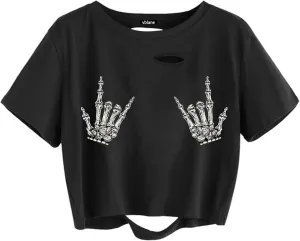 Graphic Oversized Crop Tops for Women Loose Cropped Distressed Tshirt Short-Sleeve Vintage Boxy Tee Shirts