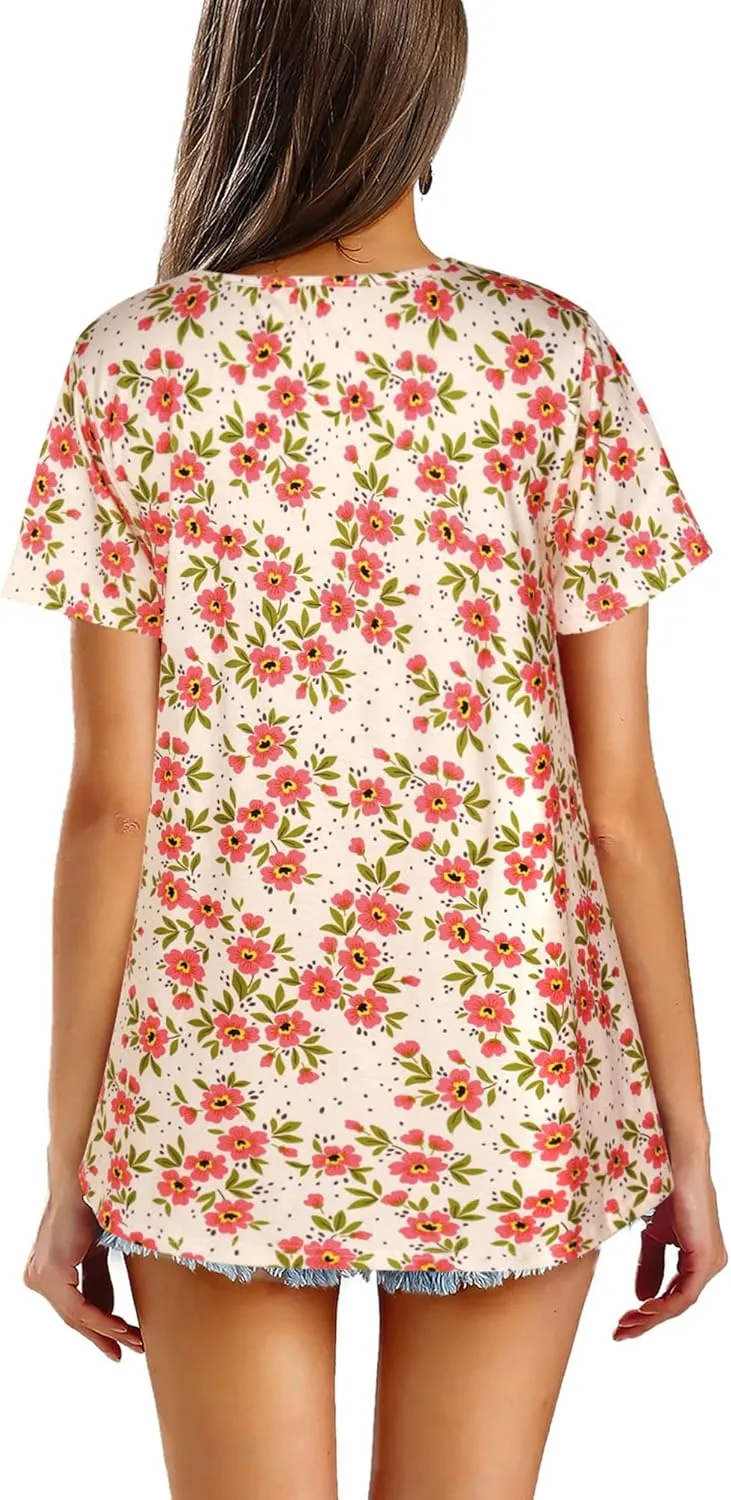 Hibluco Women's Summer Tops Short Sleeve Round Neck Floral Print Shirt Tunic Blouse
