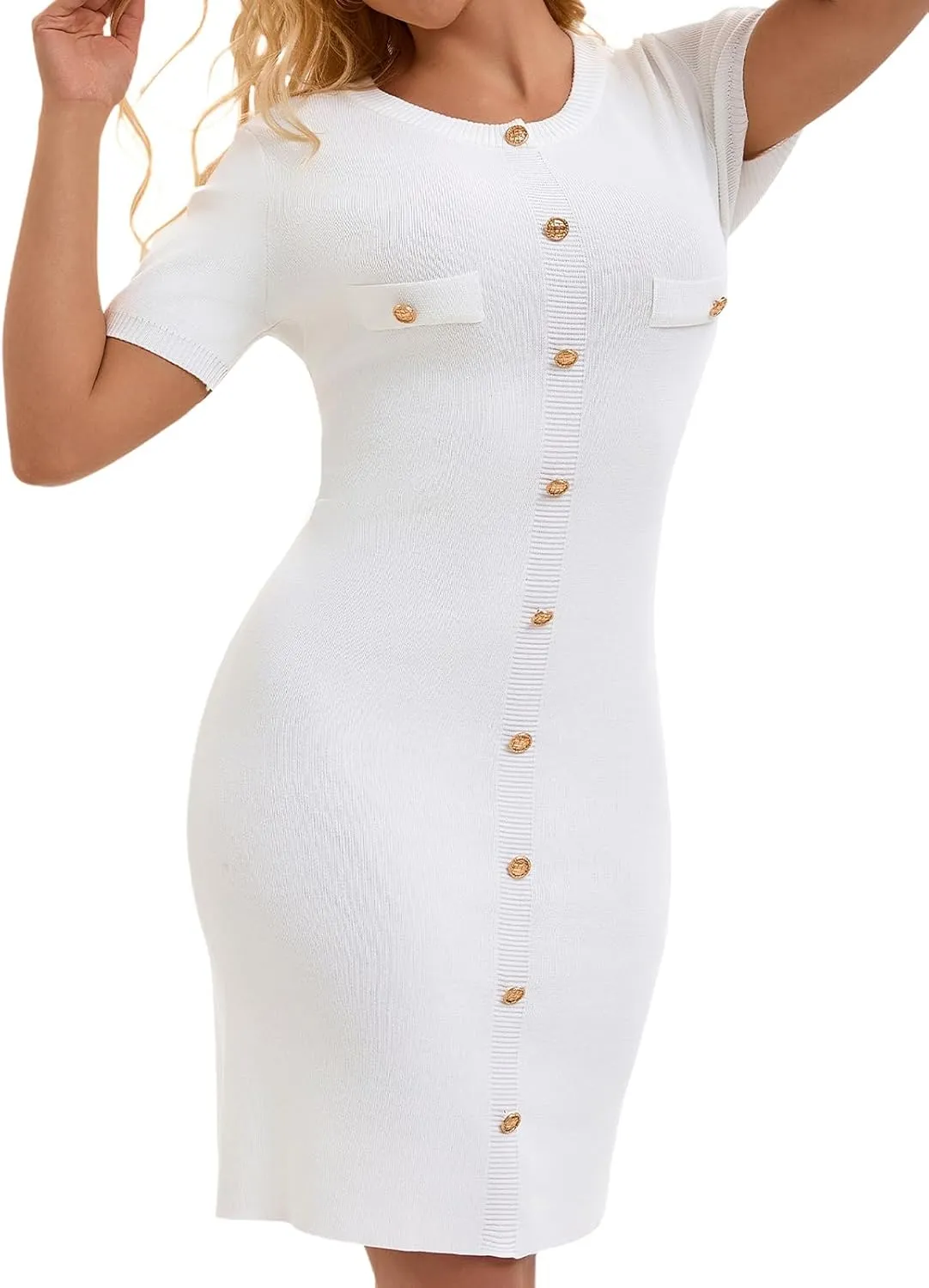 HOULENGS Women's Casual Ribbed Knit Short Dress Short Sleeve Crewneck A Line Mini Sweater Dress with Decorative Button