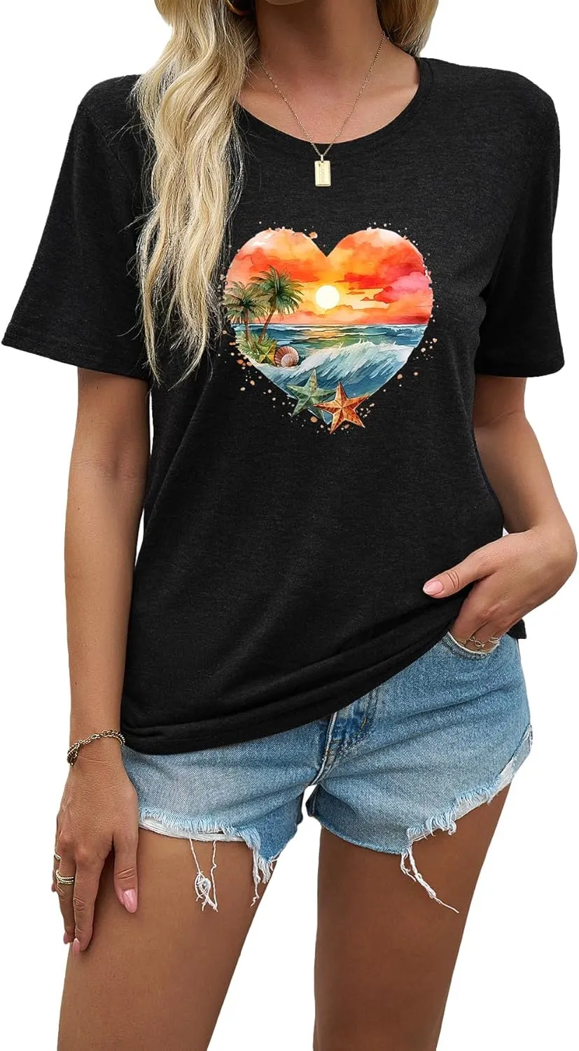 J&DHUASHA Women's T-Shirt Short Sleeve Crewneck Graphic Tees Printed Casual Summer Tops
