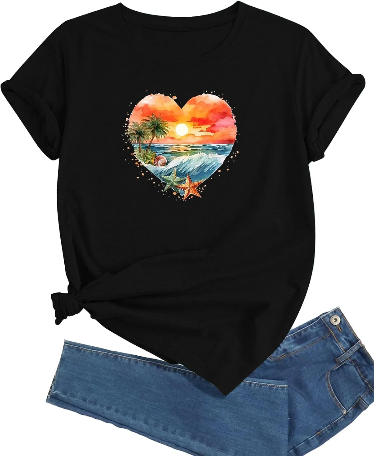 J&DHUASHA Women's T-Shirt Short Sleeve Crewneck Graphic Tees Printed Casual Summer Tops