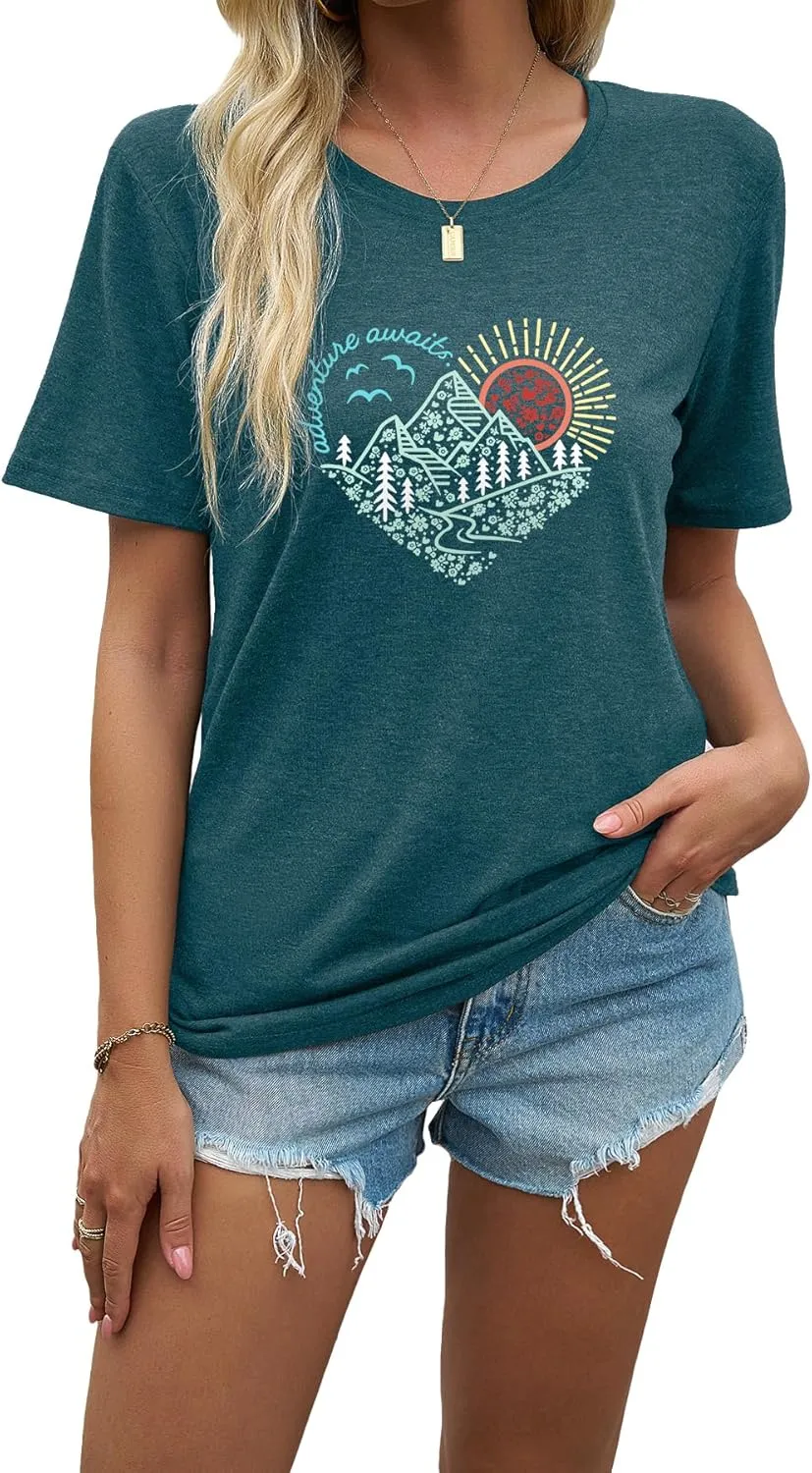 J&DHUASHA Women's T-Shirt Short Sleeve Crewneck Graphic Tees Printed Casual Summer Tops