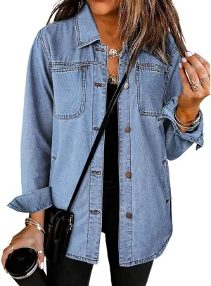 luvamia Denim Jackets for Women Trendy Long Sleeve Button Down Shirt Jacket Jean Shacket with Pocket Western Work Jacket