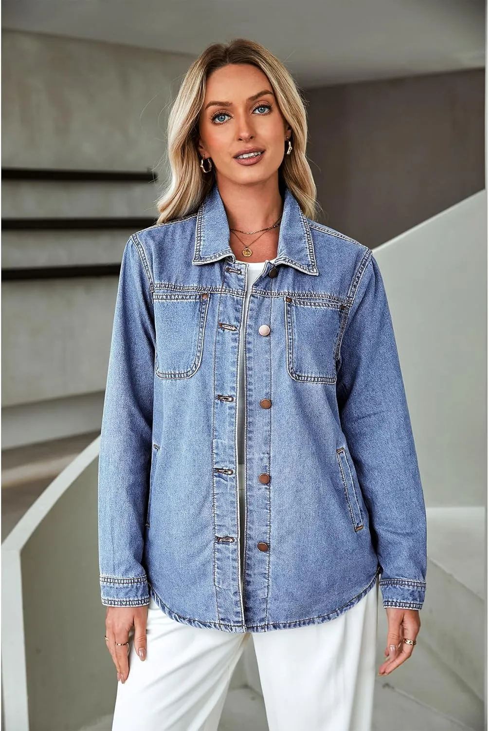 luvamia Denim Jackets for Women Trendy Long Sleeve Button Down Shirt Jacket Jean Shacket with Pocket Western Work Jacket
