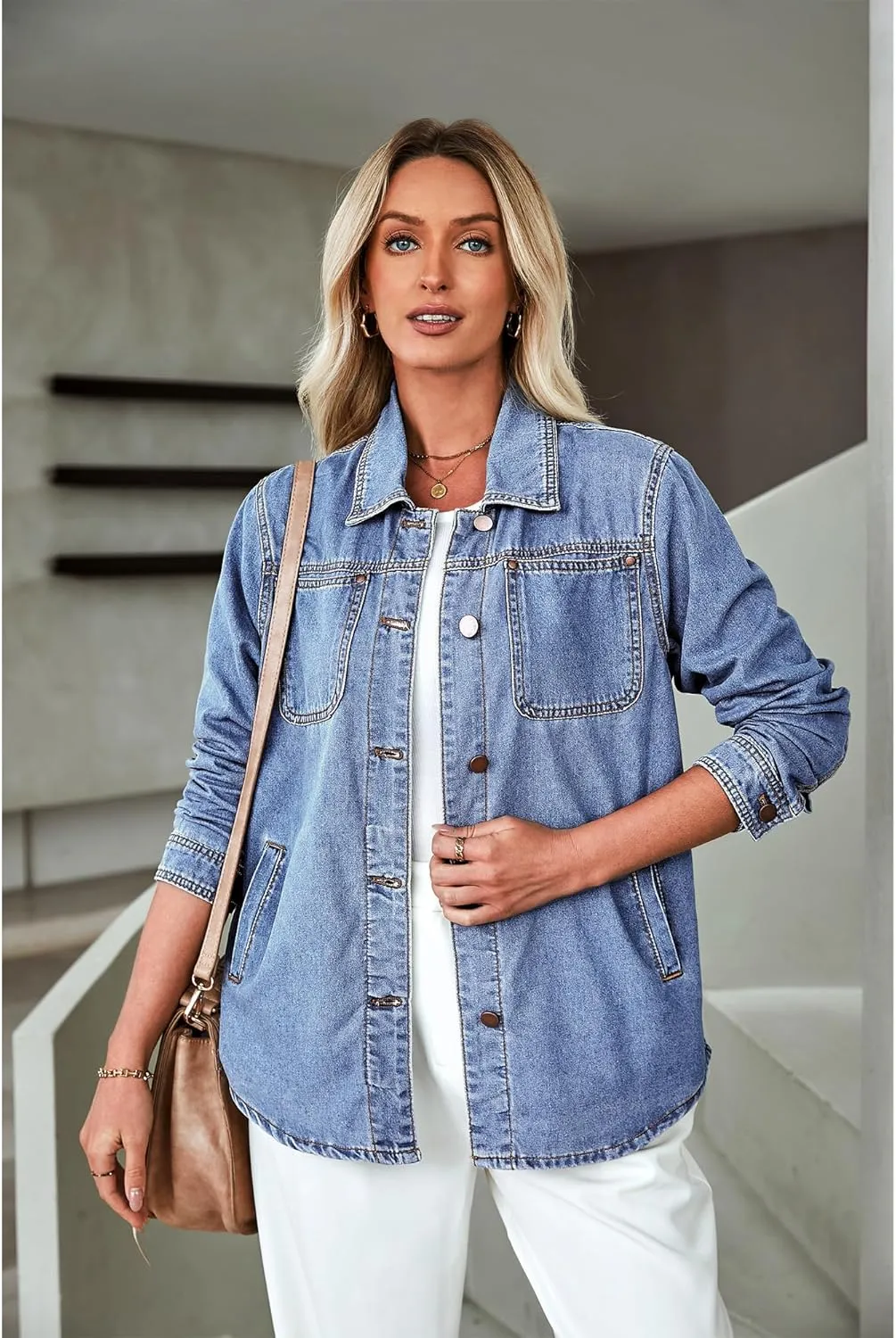 luvamia Denim Jackets for Women Trendy Long Sleeve Button Down Shirt Jacket Jean Shacket with Pocket Western Work Jacket