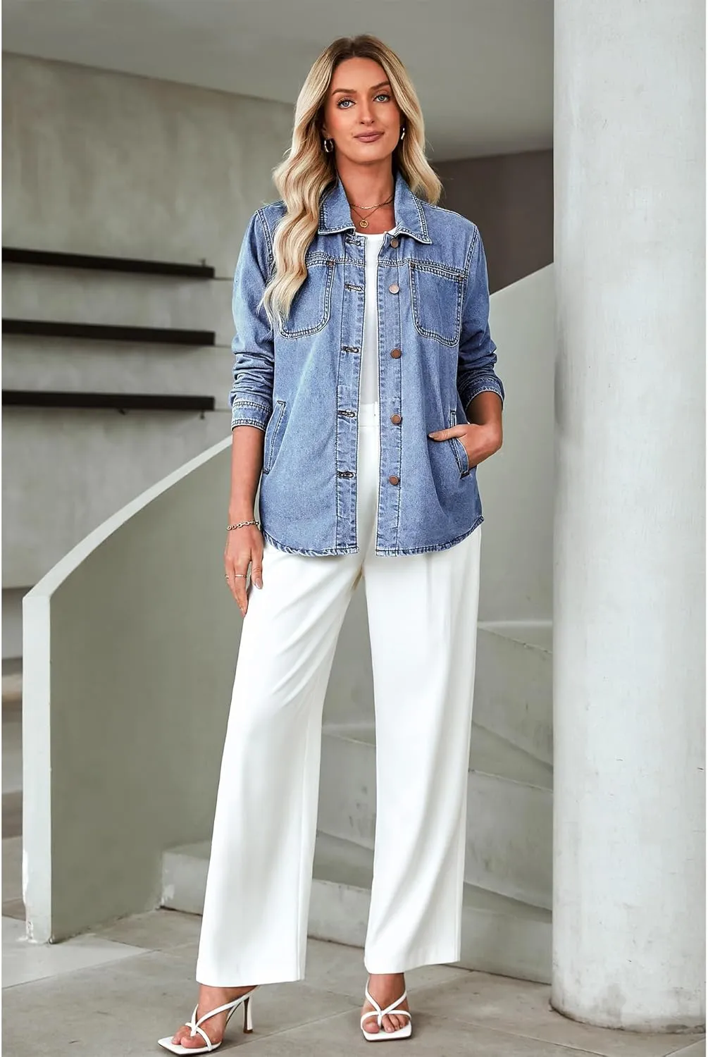 luvamia Denim Jackets for Women Trendy Long Sleeve Button Down Shirt Jacket Jean Shacket with Pocket Western Work Jacket