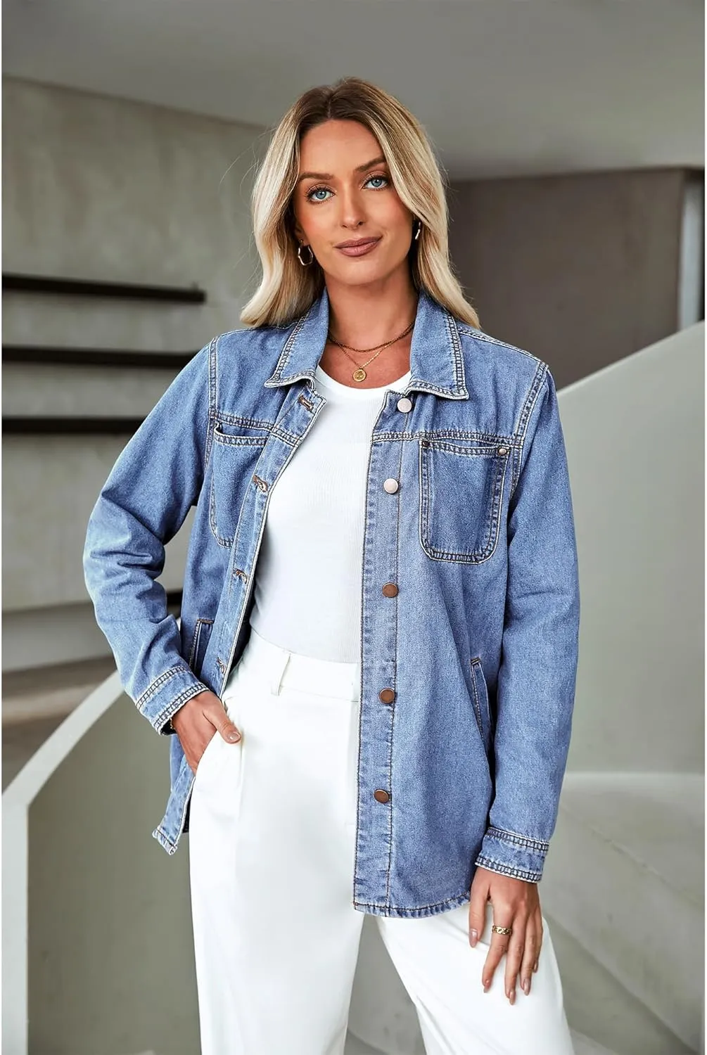 luvamia Denim Jackets for Women Trendy Long Sleeve Button Down Shirt Jacket Jean Shacket with Pocket Western Work Jacket
