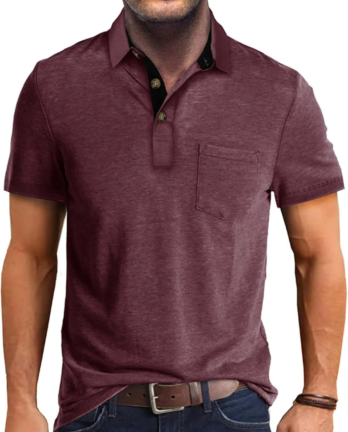 Men Polo Shirt Short Sleeve Casual Classic Cotton Summer Collar Shirts Button Solid Color Basic Polo T Shirt with Pocket
