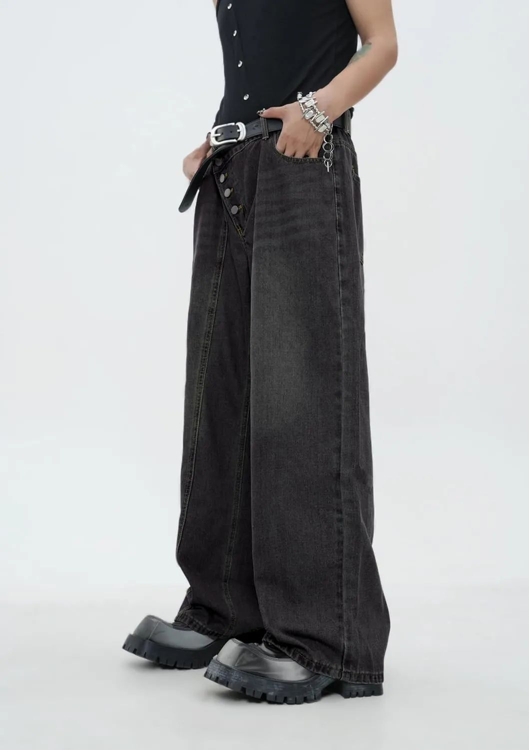 Men's Angled Button Fly Baggy Jeans Hip Hop Y2k Wide Leg Denim Pants Skater Jeans Streetwear