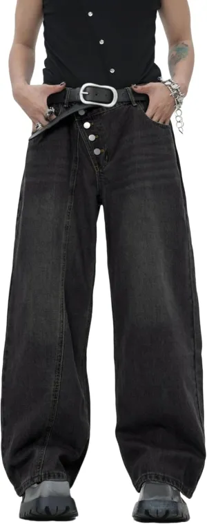 Men's Angled Button Fly Baggy Jeans Hip Hop Y2k Wide Leg Denim Pants Skater Jeans Streetwear