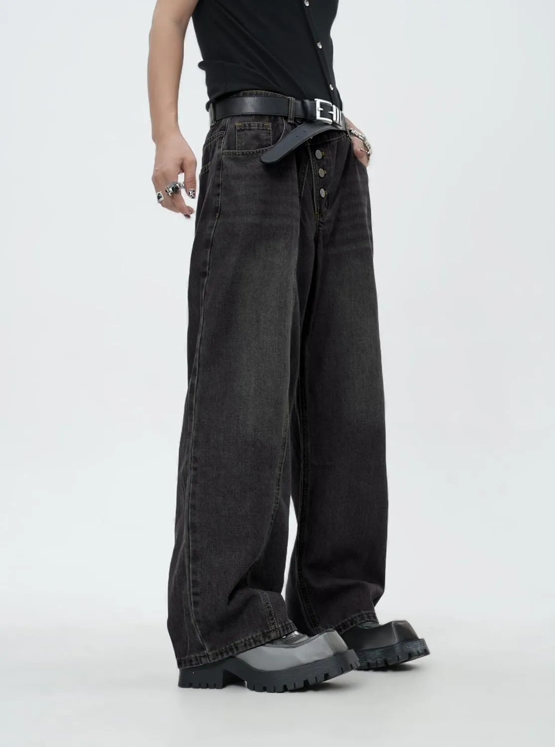 Men's Angled Button Fly Baggy Jeans Hip Hop Y2k Wide Leg Denim Pants Skater Jeans Streetwear