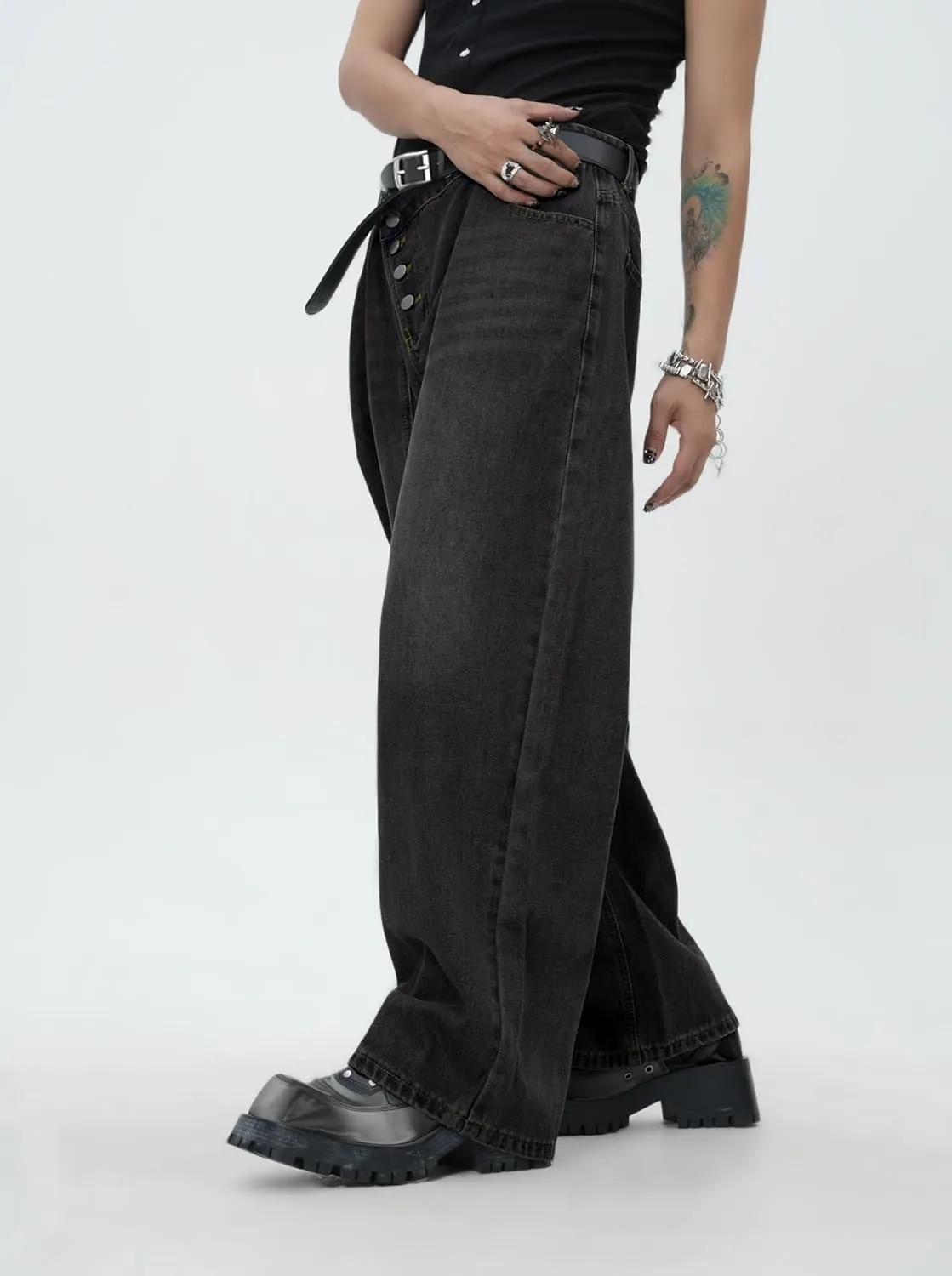 Men's Angled Button Fly Baggy Jeans Hip Hop Y2k Wide Leg Denim Pants Skater Jeans Streetwear