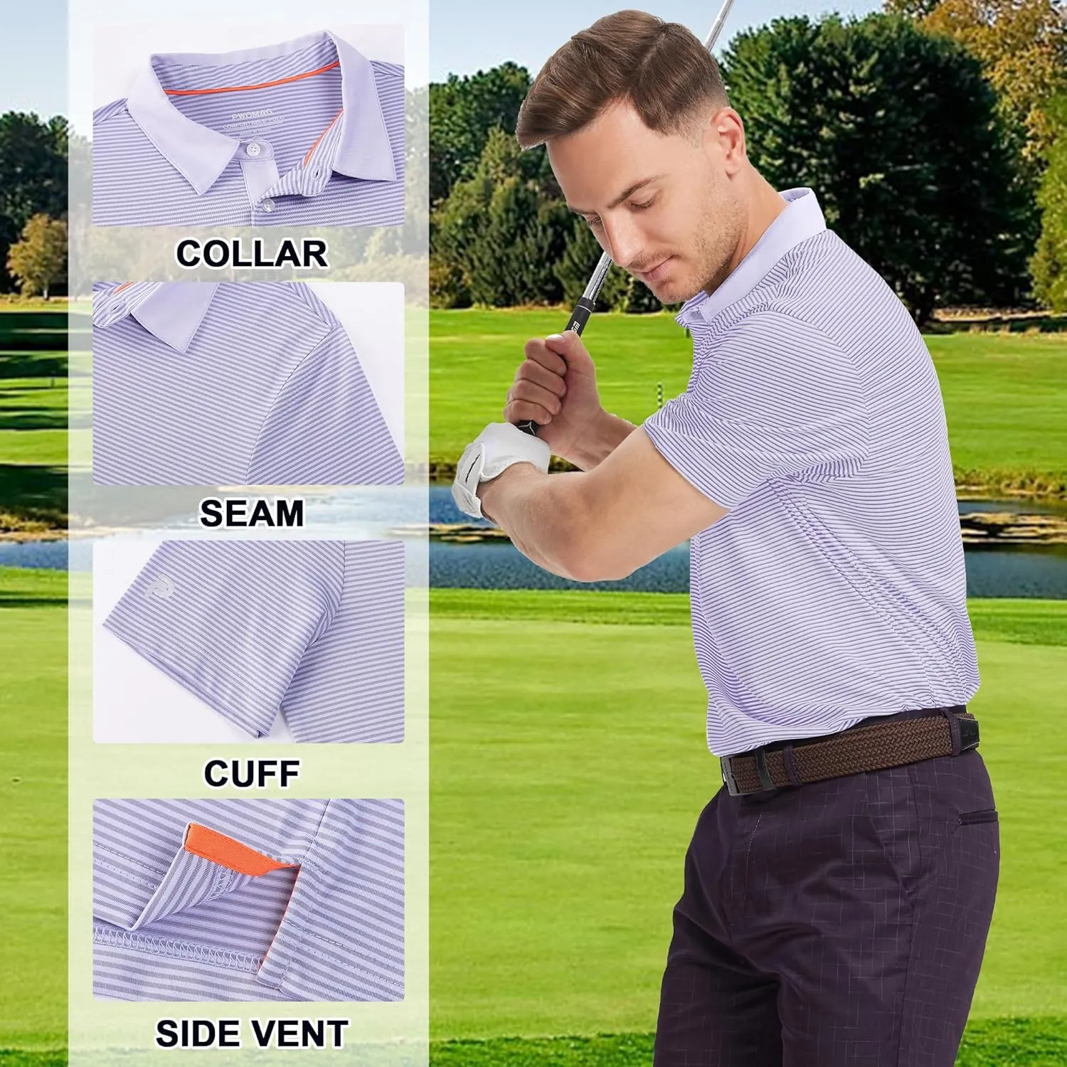 Mens Golf Polo Shirt Moisture Wicking Dry Fit Performance Athletic Short Sleeve Striped Golf Shirts for Men