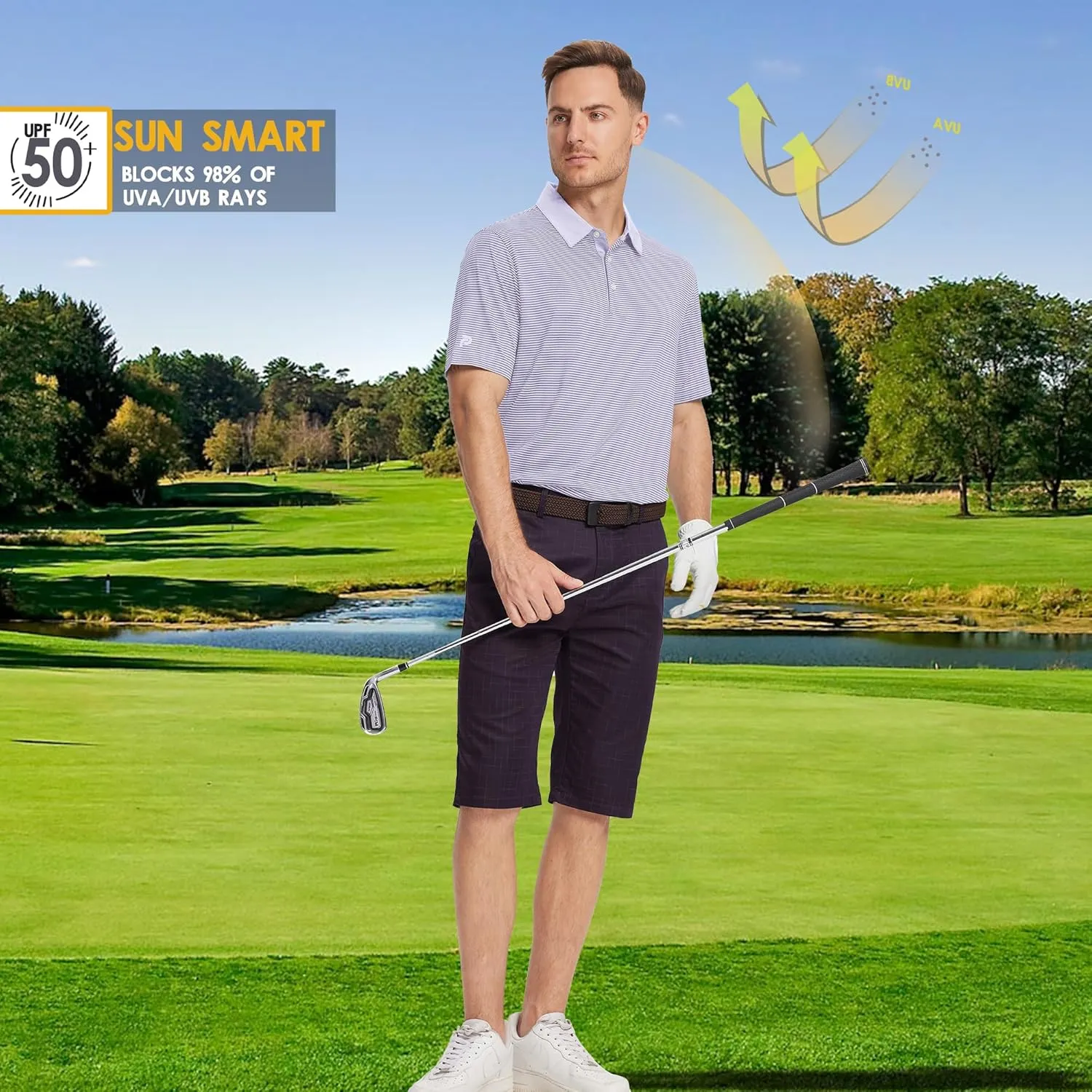 Mens Golf Polo Shirt Moisture Wicking Dry Fit Performance Athletic Short Sleeve Striped Golf Shirts for Men
