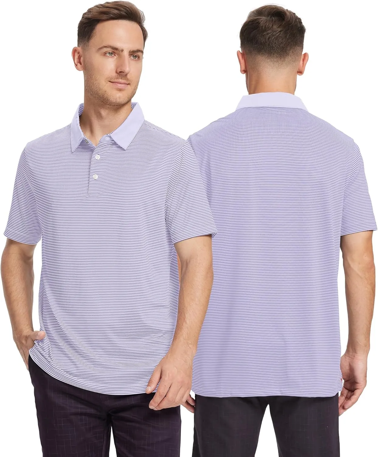 Mens Golf Polo Shirt Moisture Wicking Dry Fit Performance Athletic Short Sleeve Striped Golf Shirts for Men