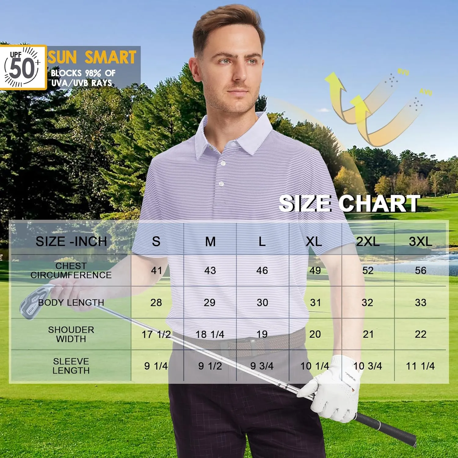 Mens Golf Polo Shirt Moisture Wicking Dry Fit Performance Athletic Short Sleeve Striped Golf Shirts for Men