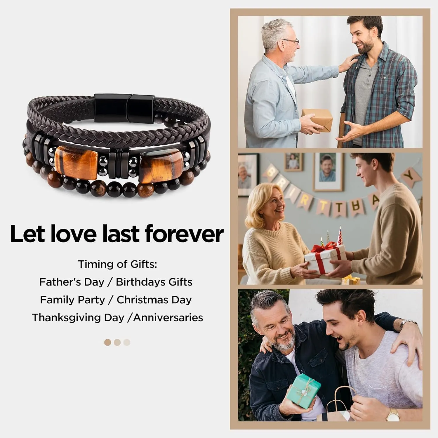 Mens Leather Tiger Eye Bracelet Natural Crystal Stone Beads Jewelry Triple Protection Bracelet for Father's Day Valentine'S Day Birthday Christmas Gift