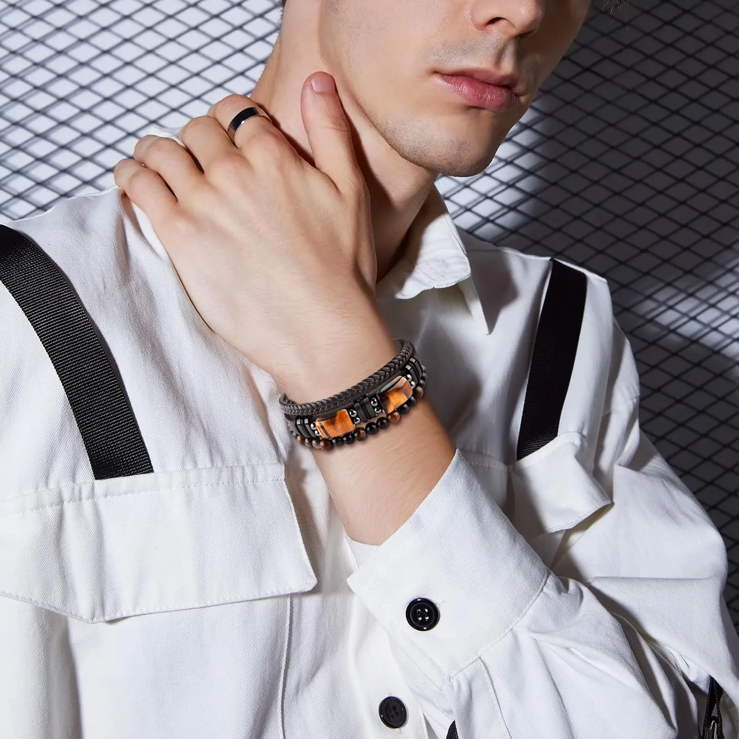 Mens Leather Tiger Eye Bracelet Natural Crystal Stone Beads Jewelry Triple Protection Bracelet for Father's Day Valentine'S Day Birthday Christmas Gift