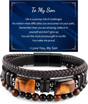Mens Leather Tiger Eye Bracelet Natural Crystal Stone Beads Jewelry Triple Protection Bracelet for Father's Day Valentine'S Day Birthday Christmas Gift