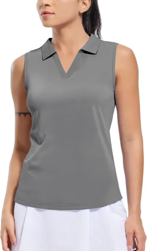 MIER Women's Sleeveless Golf Polo Shirts Dry Fit Collared Tank Tops V Neck Ribbed Athletic Tennis Shirt, Moisture Wicking