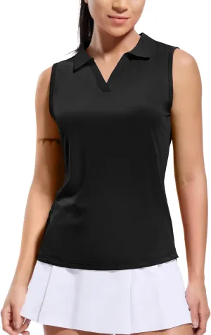MIER Women's Sleeveless Golf Polo Shirts Dry Fit Collared Tank Tops V Neck Ribbed Athletic Tennis Shirt, Moisture Wicking