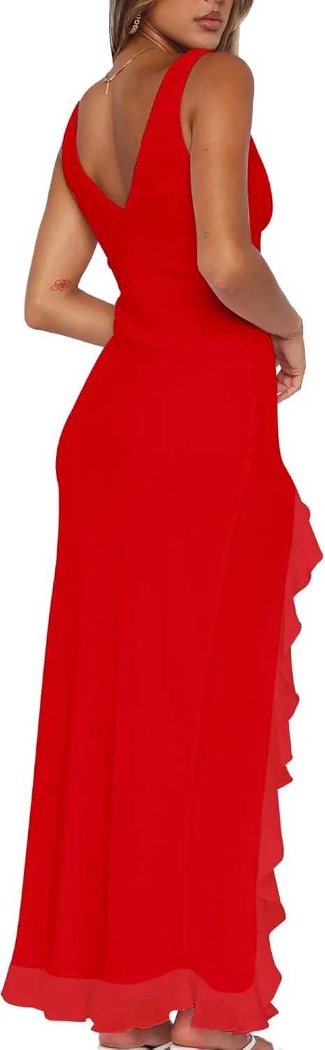 Mokoru Women's Sexy Bodycon V Neck Sleeveless Ruffle Hem High Slit Cocktail Party Maxi Dresses