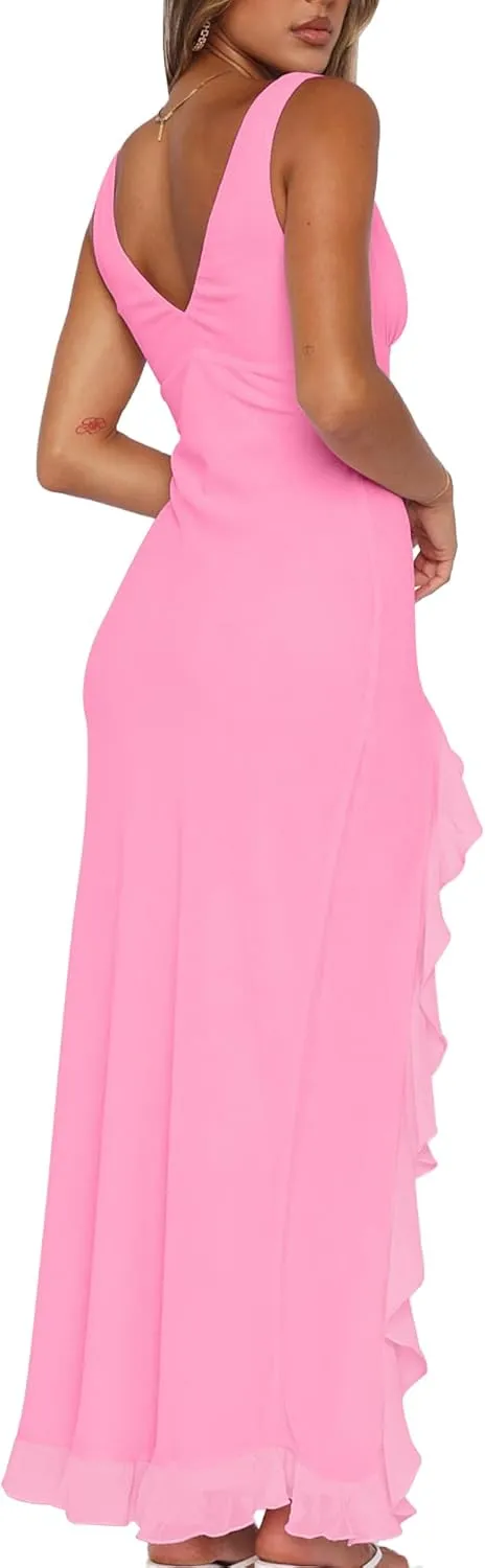Mokoru Women's Sexy Bodycon V Neck Sleeveless Ruffle Hem High Slit Cocktail Party Maxi Dresses