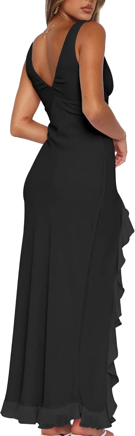 Mokoru Women's Sexy Bodycon V Neck Sleeveless Ruffle Hem High Slit Cocktail Party Maxi Dresses