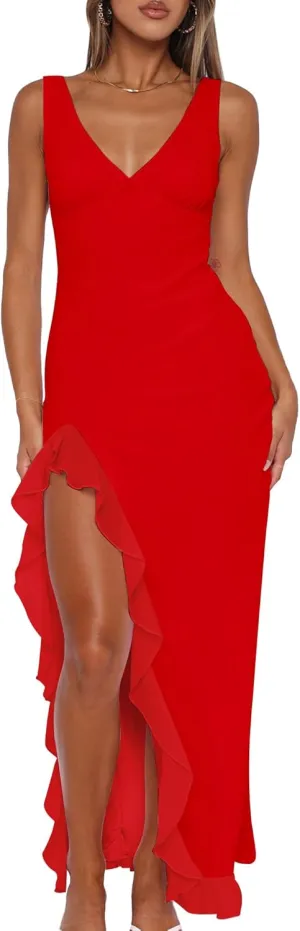 Mokoru Women's Sexy Bodycon V Neck Sleeveless Ruffle Hem High Slit Cocktail Party Maxi Dresses