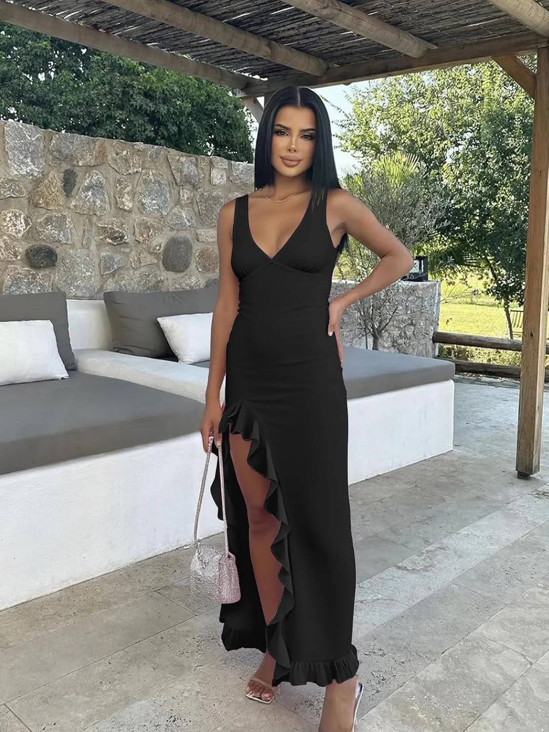 Mokoru Women's Sexy Bodycon V Neck Sleeveless Ruffle Hem High Slit Cocktail Party Maxi Dresses