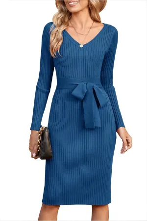 Newshows Womens 2024 Fall Sweater Dress Long Sleeve V Neck Business Casual Outfits Winter Fashion A-Line Belted Dresses