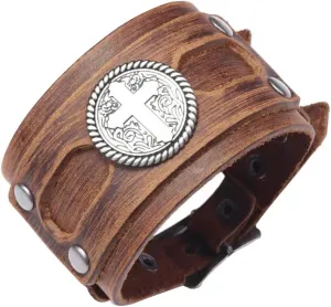 NIGHTCRUZ Wide Leather Bracelet with Cross, Medieval Leather Cuff Wristband for Mens