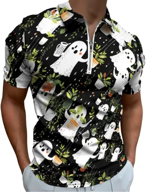 Plant Trendy Polo Shirts for Men Short Sleeve Lapel Collar Zipper T-Shirts Outdoor Sports